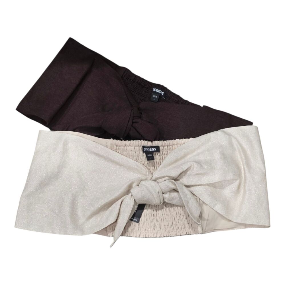 Express Chocolate Brown and Natural Sparkle Linen Blend Tie Front Bandeau Tops L